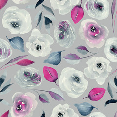Watercolor indigo and crimson roses seamless pattern, hand drawn on a grey background