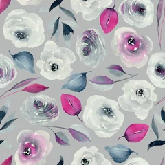 Wall murals Roses Watercolor indigo and crimson roses seamless pattern, hand drawn on a grey background
