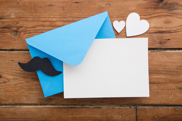 Father's day blank card and envelope with mustache and love hearts