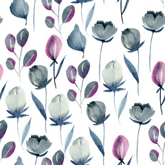 Watercolor indigo flowers seamless pattern, hand drawn on a white background