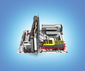 Obraz na płótnie Canvas Motherboard complete with RAM and video card isolated on blue gradient background 3d render