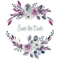 Floral border of watercolor indigo and crimson roses and other flowers and plants, hand drawn on a white background, Save the date card design
