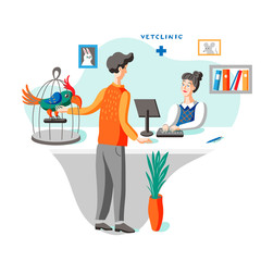 Man with parrot at vet clinic flat illustration