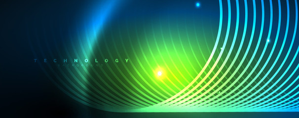 Trendy neon blue abstract design with waves and circles. Neon light glowing effect. Abstract digital background.