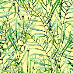 Watercolor fern leaves seamless pattern, hand drawn on a yellow background