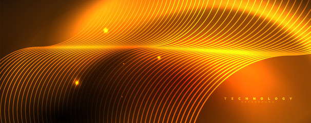 Bright neon circles and wave lines, glowing shiny background design template, digital techno concept.