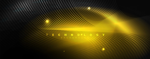 Dark abstract background with bright color neon lights and lines. Glowing background