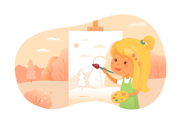Girl painting landscape flat vector illustration