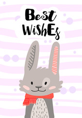 Happy face rabbit. Hand drawn graphic for typography poster, card, label, flyer, page, banner, baby wear, nursery. Scandinavian style. Cartoon Vector Illustration