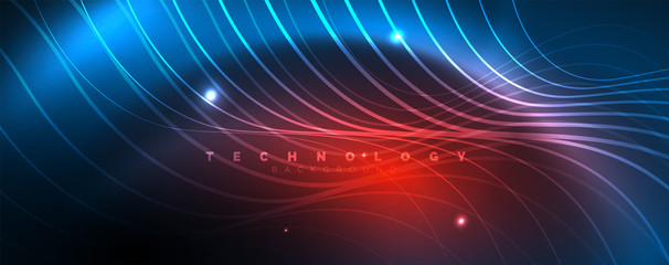 Trendy neon blue abstract design with waves and circles. Neon light glowing effect. Abstract digital background.