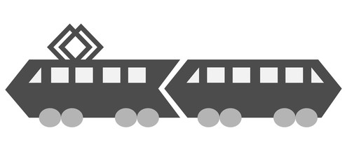 Arrow silhouette of a tram of two cars shows direction in a simple flat style. Monochrome gray icon isolated on white background.