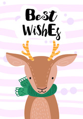 Happy face deer. Hand drawn graphic for typography poster, card, label, flyer, page, banner, baby wear, nursery. Scandinavian style. Cartoon Vector Illustration