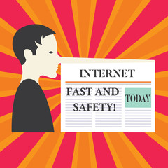Writing note showing Internet Fast And Safety. Business photo showcasing High speed connection online security tools Man with a Very Long Nose like Pinocchio a Blank Newspaper is attached