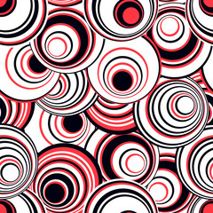 abstract geometric seamless pattern with concentric circles in black white red