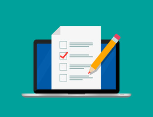 Online form survey on screen laptop. Checklist and pencil. Modern electronic voting system. Vector illustration. Flat design. EPS 10.