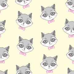raccoon cute seamless pattern, cartoon background, vector illustration
