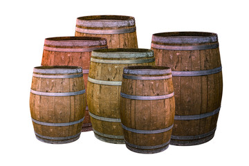 Obraz premium group of oak barrels brown with metal rings traditional way of holding wine whiskey on white background