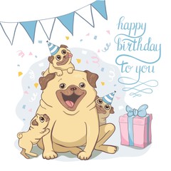 Naklejka premium Birthday cards set with cute cartoon dogs. Balloons and party hats. Vector contour image. Little puppies. Funny animals.