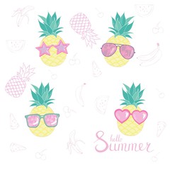 Set of pineapples. exotic fruit. Vector illustration