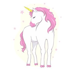 Cute vector unicorn. Magic character with pink mane surrounded by star dust for sticker, card, t-shirt and funny children's design.