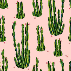 Cacti seamless pattern watercolor. Cactus in blossom illustration. Use as print, home or garden decoration, wrapping paper, textile or wallpaper.  - 270917975
