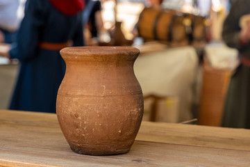 brown handmade clay pot rustic design base traditional tableware copy space