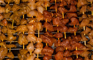 colorful seasoned meat skewers chicken pork beef assorted curry chili marinated