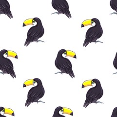 Naklejka premium Tropical seamless pattern with toucans, exotic leaves and pineapples. Vector illustration