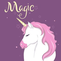 Obraz na płótnie Canvas Cute vector unicorn. Magic character with pink mane surrounded by star dust for sticker, card, t-shirt and funny children's design.