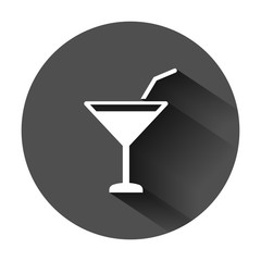 Alcohol cocktail icon in flat style. Drink glass vector illustration on black round background with long shadow. Martini liquid business concept.