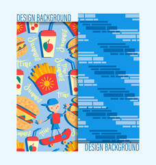 Summertime and boy on a skateboard. Fast food. Set of two seamless patterns for the menu of snack bars, cafes, shops, design of children's textiles and packaging materials.