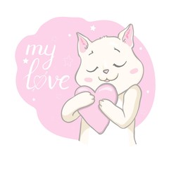 Hand drawn vector illustration of a kawaii funny unicorn cat with slogan phrase i`m cutie. Isolated objects on white background. Line drawing. Design concept for children print.