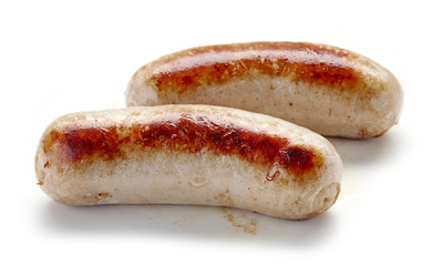 grilled sausages on white background