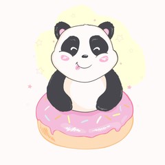 Vector Illustration: A cute cartoon giant panda is sitting on the ground, sticking tongue out, with a branch of bamboo leaves in hand