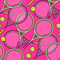 Bright seamless pattern of many tennis rackets and balls.