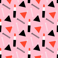Obraz premium Fashionable seamless pattern of lipstick, earring, hairpin.