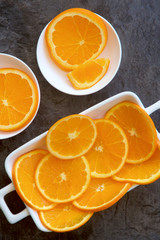 Slices of orange on a white dish.