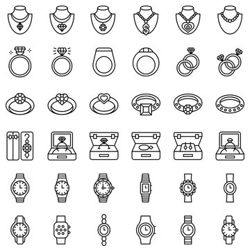 Accessories And Jewelry Vector Icon Set, Line Style