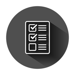 Checklist document sign icon in flat style. Survey vector illustration on black round background with long shadow. Check mark banner business concept.