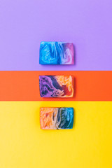 Pastel colors Natural Luxury. Marbleized effect on soap slices on geometry background