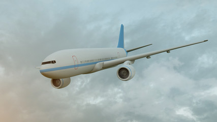 3D rendering of a commercial airplane on flight over the clouds
