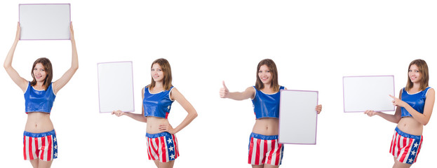 Young woman in boxing pants holding the board 
