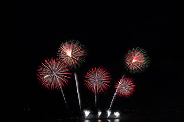 Colorful fireworks on the black sky background at pattaya international fireworks festival 2018. Thailand.