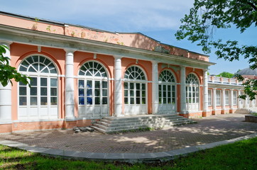Fototapeta na wymiar Moscow, Russia - may 20, 2019: Northern service building (greenhouse) in Vorontsovo estate (Vorontsovo Park)