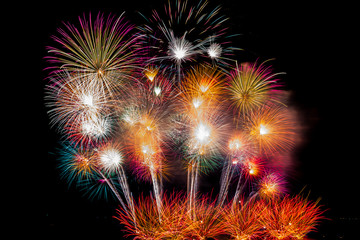 Colorful fireworks on the black sky background at pattaya international fireworks festival 2018. Thailand.