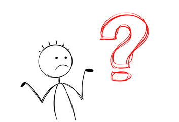 questions man asking worried confuse stick figure character with red question mark interrogation point drawing vector
