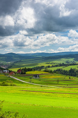 Fototapeta na wymiar Rolling hills with meadows at sunny summer day. Countryside landscape.