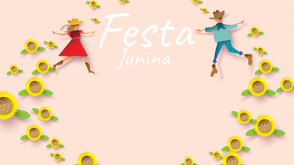 Fototapeta na wymiar Festa Junina festival design on paper art and flat style with couple dance man and girl in love on sunflower. Can use for Greeting Card, Invitation or Holiday Poster. - Vector