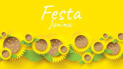 Festa Junina festival design on paper art and flat style with sunflower for banner or poster concept . - Vector