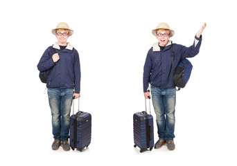 Funny man with luggage wearing safari hat